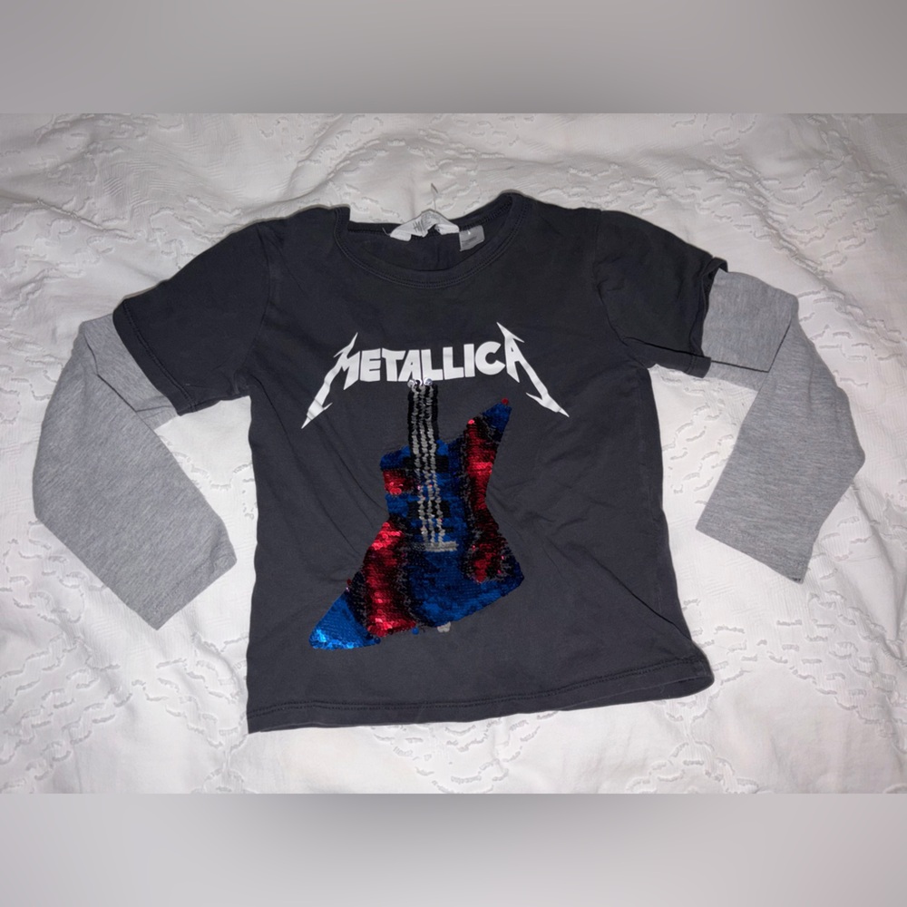 H&M Kids Metallica Long Sleeve T-Shirt - Gray with Sequin Guitar, 4-6year